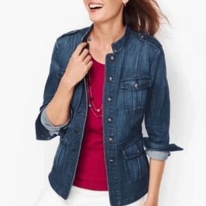 Talbots Band Collar Denim Jacket Womens XL Blue Long‎ Sleeve Button Down NWT